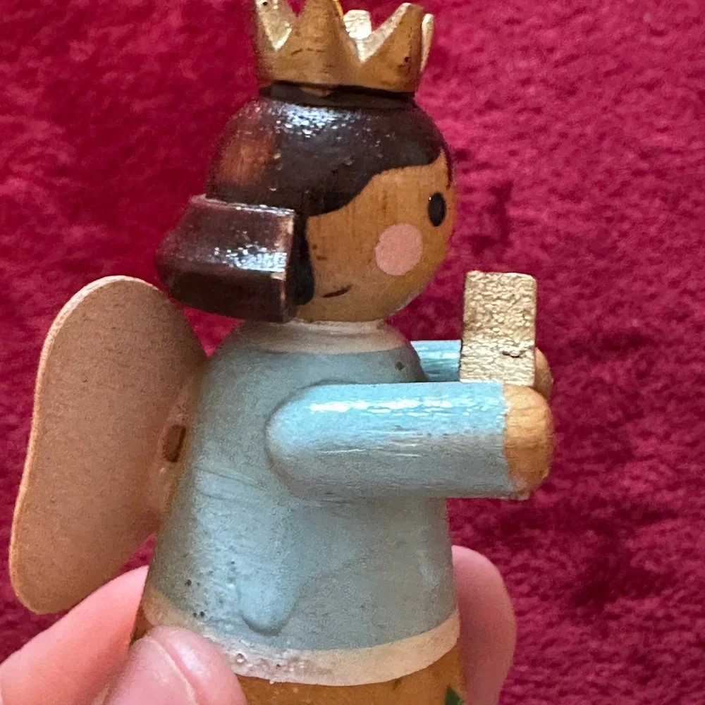 Vintage Wooden Angel Christmas Ornament Blue‎ Gold Star Crown Painted Folk Art